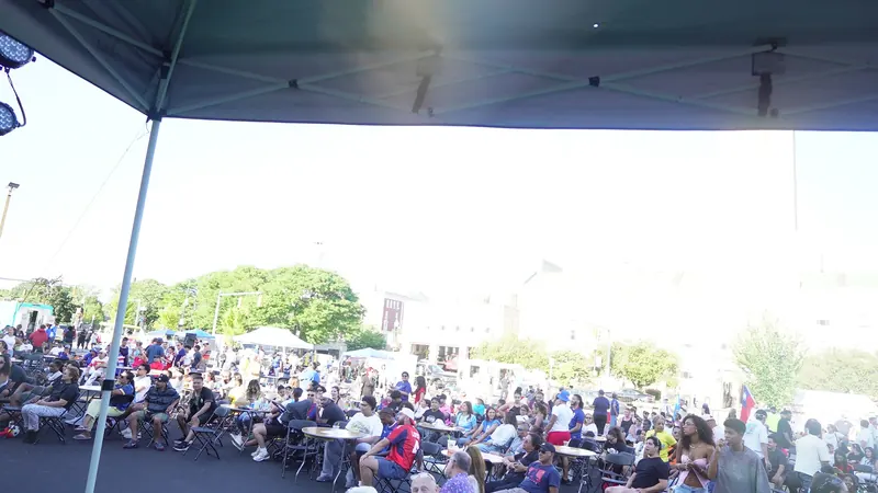 A big outdoor festival crowd seen from the DJ stage